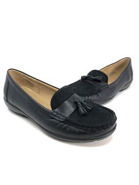 Hotter Shoes Women 10 Abbeyville Black Leather Tassel Slip On Moc Stitch Loafers